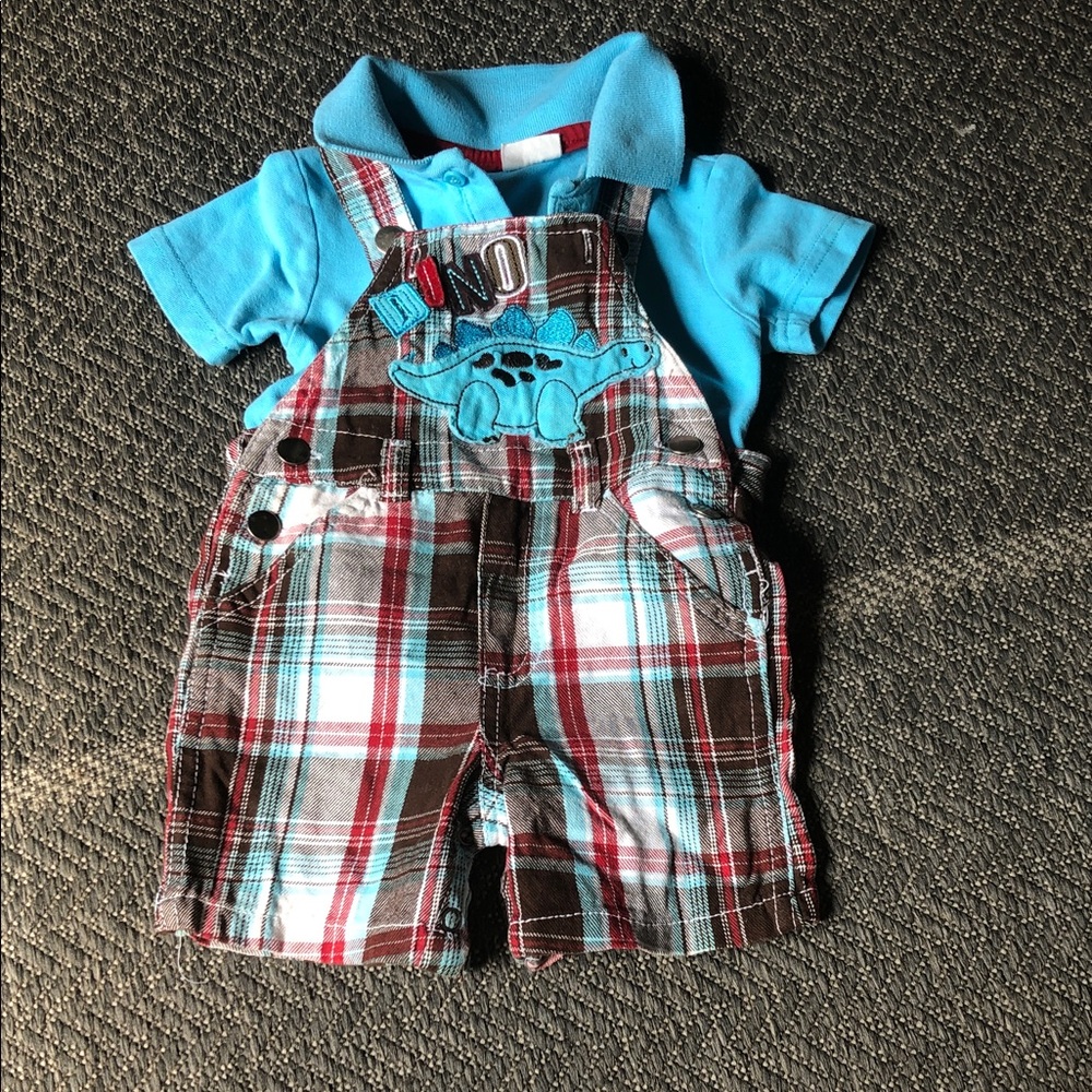 Blue Dino Plaid Short Overalls with matching polo